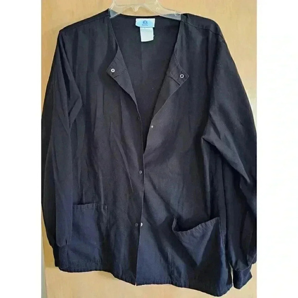 SB Scrubs Womens Medium M Scrub Top Jacket Black Long Sleeve Snap Button Pocket - Picture 3 of 5